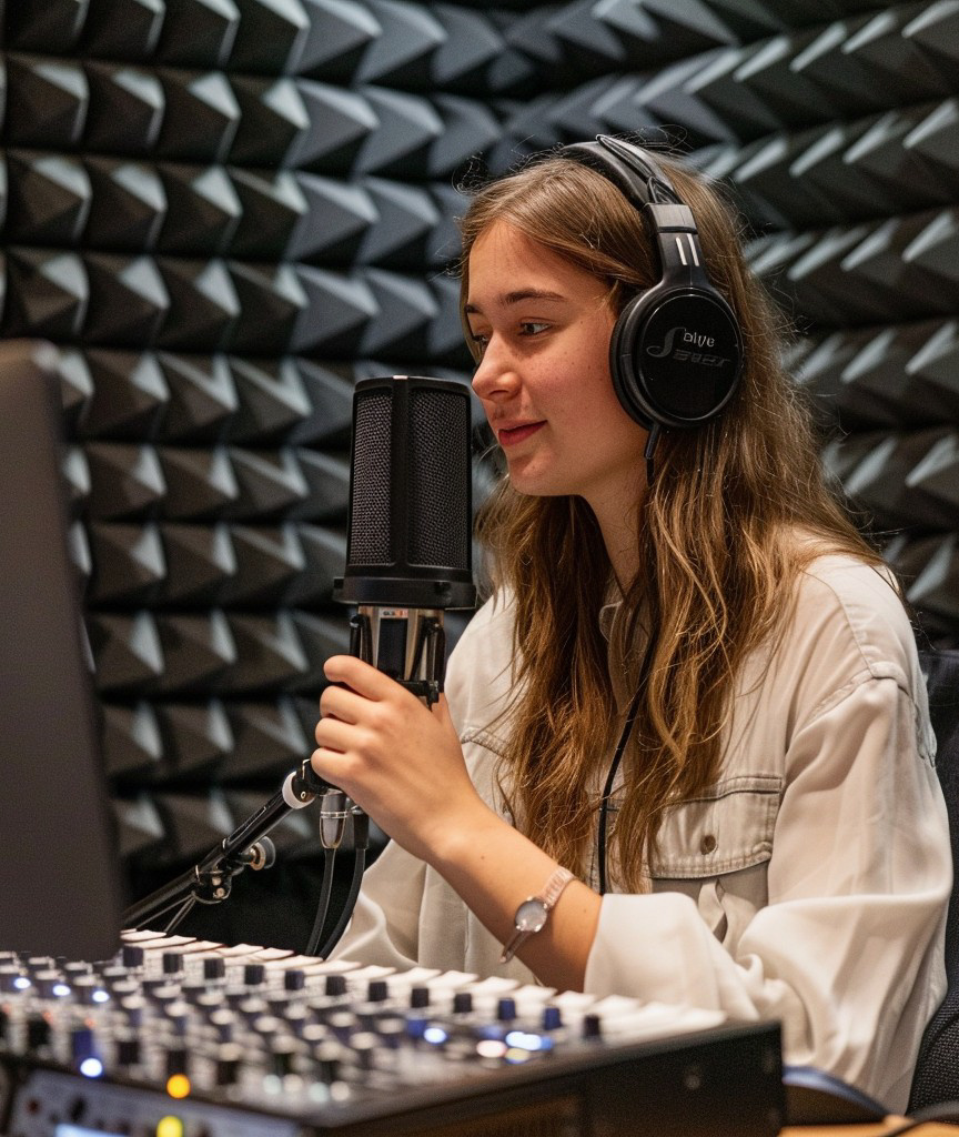 woman in sound booth recording