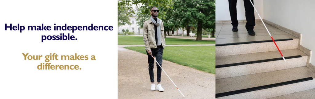 Man walking with cane and cane user descending stairs